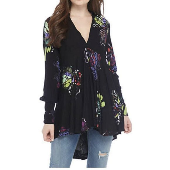 Free People Boho Womens Field Of Butterflies Tunic Top Long Sleeve Hi Low Sz XS - Picture 3 of 12